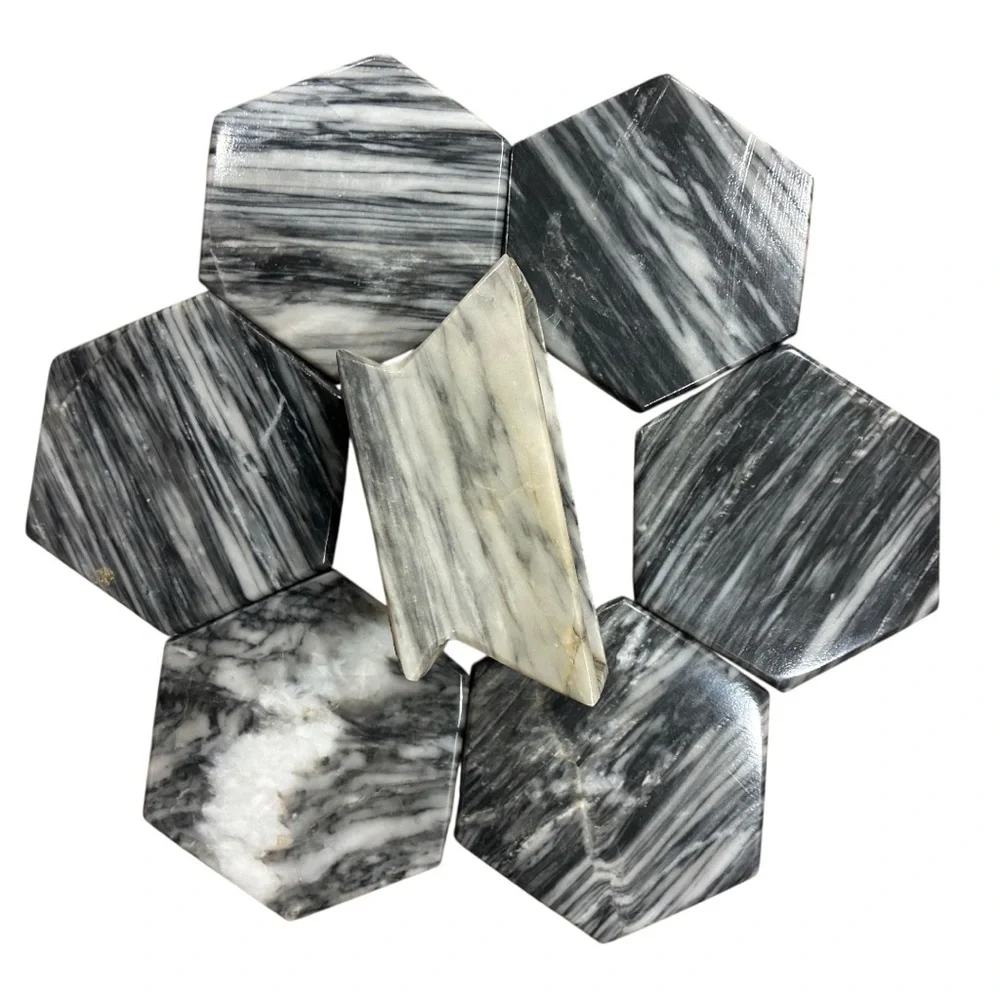 Hexagonal Marble Coasters Black and White Marble Coaster Set With Modern Holder
